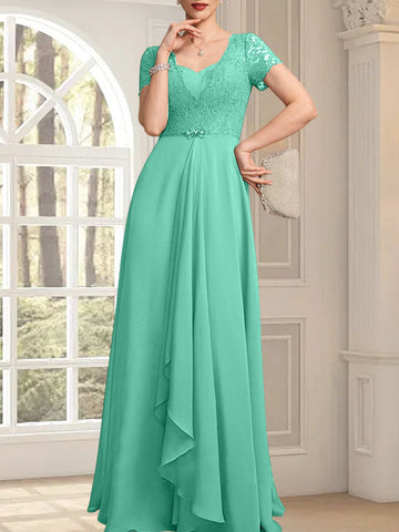 A-line Sweetheart Floor-Length Chiffon Lace Mother of the Bride Dress With Beading Cascading Ruffles