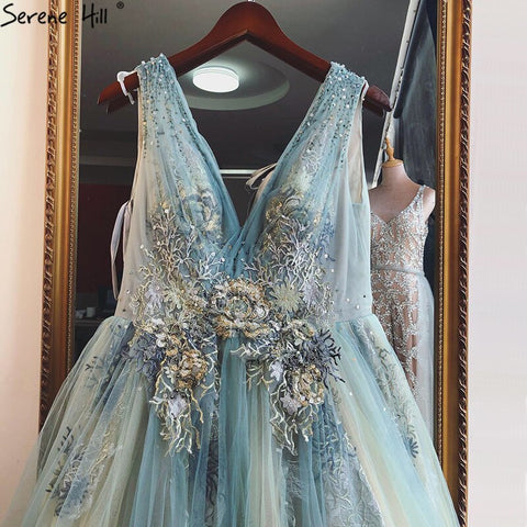 Mint V-Neck Sexy A-Line Evening Dresses Design 2025 Sleeveless Handmade Flowers Sequined Evening Gowns Real Photo LA70155