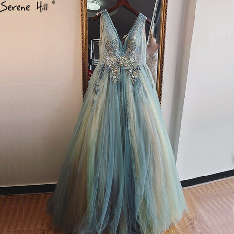 Mint V-Neck Sexy A-Line Evening Dresses Design 2025 Sleeveless Handmade Flowers Sequined Evening Gowns Real Photo LA70155
