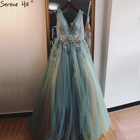 Mint V-Neck Sexy A-Line Evening Dresses Design 2025 Sleeveless Handmade Flowers Sequined Evening Gowns Real Photo LA70155