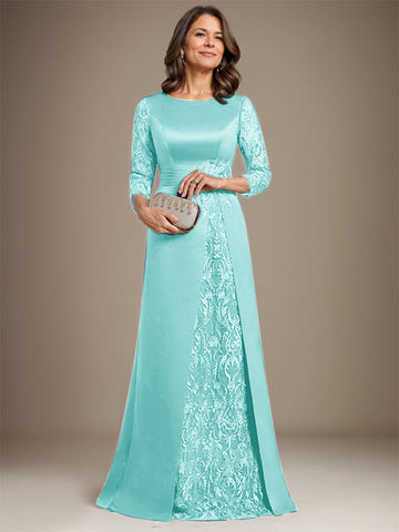 A-Line Scoop Floor-Length Lace Satin Mother Of the Bride Dress With Applique