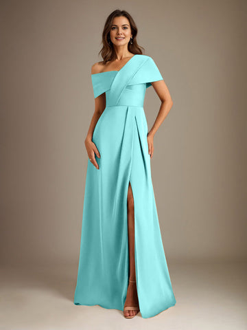 A-Line Asymmetrical Neckline Floor-Length Satin Mother of the Bride Dress With Pleated