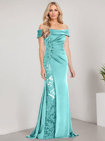 A-Line Off the Shoulder Floor-Length Mother of the Bride Dress Applique Beadings Mermaid Dress With  High Split