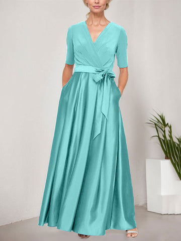 Surplice Neckline Ballgown with Full Satin Skirt & Jersey Bodice
