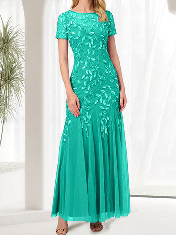 Vestido largo azul de sirena con cuello redondo para la madre de la novia con pedrería