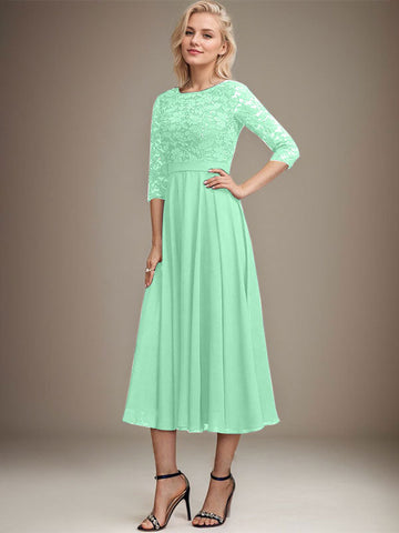 A-line Scoop Tea-Length Lace Chiffon Mother of the Bride Dress With Sequins