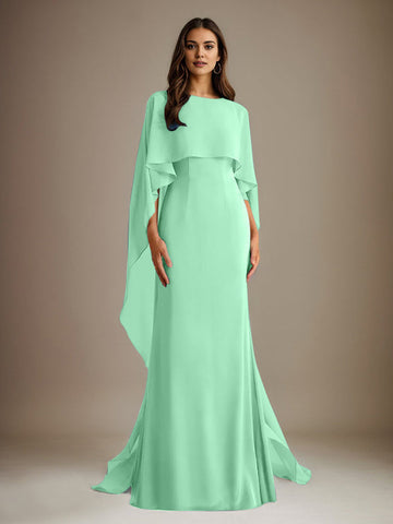 Sheath/Column Boatneck Floor-Length Chiffon Mother of the Bride Dress With Cascading Ruffles