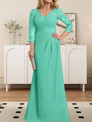Sheath/Column V-Neck Illusion Floor-Length Lace Chiffon Mother of the Bride Dress With Pleated Sequins