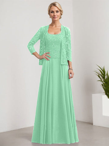 A-line Square Floor-Length Lace Chiffon Mother of the Bride Dress With Sequins