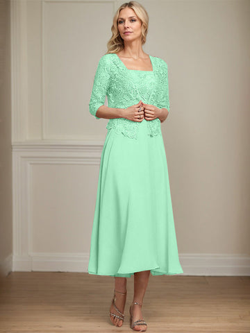 A-line Square Tea-Length Chiffon Lace Mother of the Bride Dress With Sequins Beading