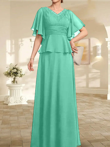 A-line V-Neck Floor-Length Chiffon Mother of the Bride Dress With Pleated Beading