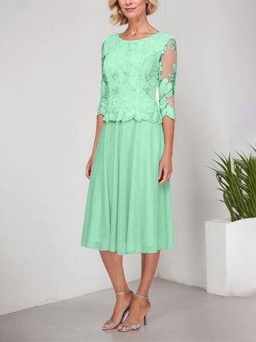 A-line Scoop Tea-Length Lace Chiffon Mother of the Bride Dress With Embroidery