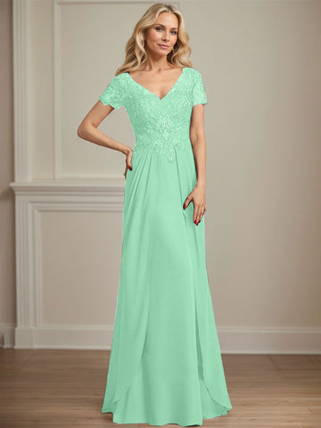 A-line V-Neck Floor-Length Chiffon Lace Mother of the Bride Dress