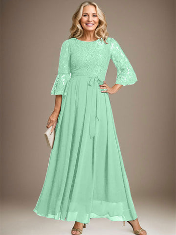 A-line Scoop Ankle-Length Lace Chiffon Mother of the Bride Dress With Bow