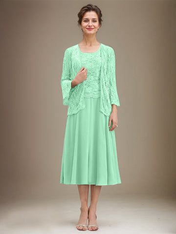 A-line Scoop Tea-Length Lace Chiffon Mother of the Bride Dress With Sequins