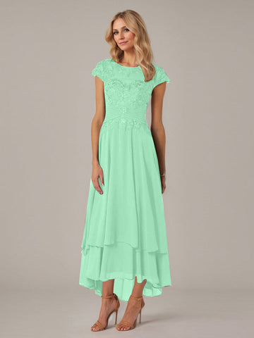 A-line Boat Neck Illusion Asymmetrical Chiffon Lace Mother of the Bride Dress With Applique Pleats