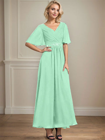 A-line V-Neck Ankle-Length Chiffon Mother of the Bride Dress With Pleated Beading Sequins