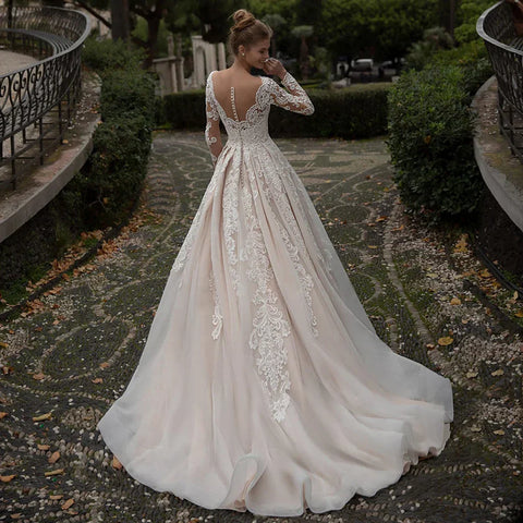 Robe De mariée Champagne modeste, manches longues, avec traîne De balayage, Sexy, dos nu