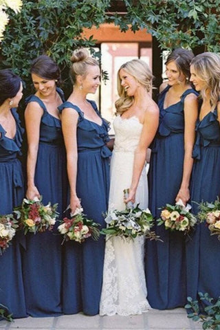 Modest Navy Blue Chiffon A-line V-neck Long Bridesmaid Dresses