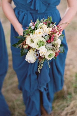 Modest Navy Blue Chiffon A-line V-neck Long Bridesmaid Dresses