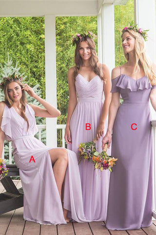 Modest Purple A-line Chiffon Mismatched Long Bridesmaid Dresses