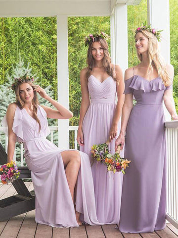 Modest Purple A-line Chiffon Mismatched Long Bridesmaid Dresses