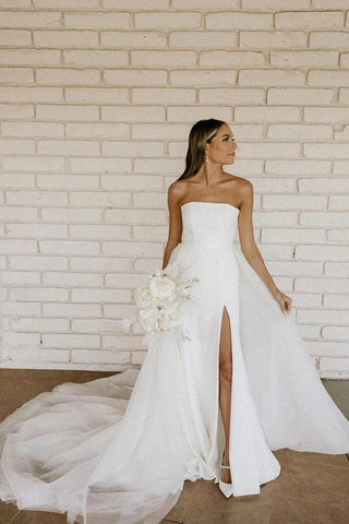 Vestidos de novia modestos sin tirantes de satén con tul desmontable WD675