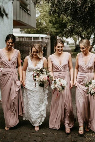 Modest V-neck Floor Length Bridesmaid Dresses, Wedding Party Dress