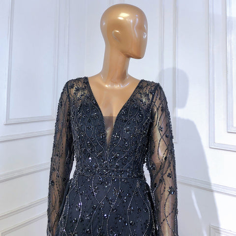 Moslim Zwarte Luxe Elegant Avond Jurken 2025 Kralen Diamond Mermaid Voor Vrouwen Party LA70341A