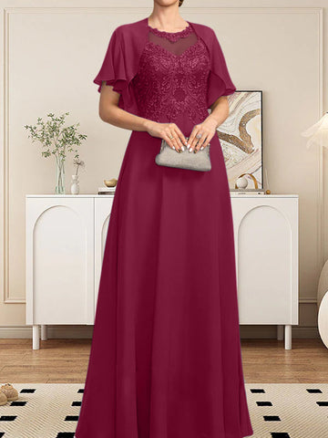 A-line Scoop Illusion Floor-Length Lace Chiffon Mother of the Bride Dress With Sequins