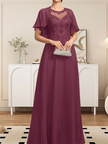A-line Scoop Illusion Floor-Length Lace Chiffon Mother of the Bride Dress With Sequins
