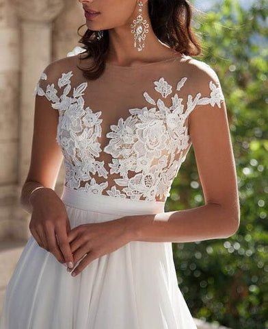 White Lace A-Line Front Split Wedding Dresses With Appliques, Bridal Dress