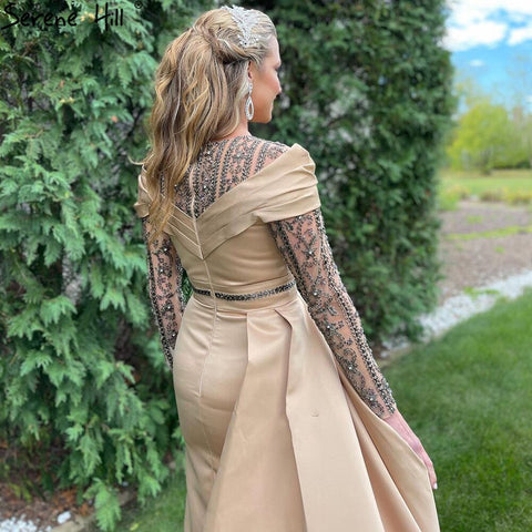 Muslim Gold Mermaid Overskirt Evening Dresses Gowns 2025 Satin Beaded Elegant For Women Party LA71453