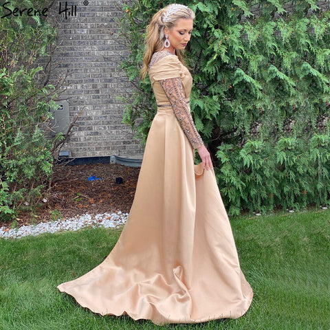 Muslim Gold Mermaid Overskirt Evening Dresses Gowns 2025 Satin Beaded Elegant For Women Party LA71453