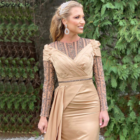 Muslim Gold Mermaid Overskirt Evening Dresses Gowns 2025 Satin Beaded Elegant For Women Party LA71453