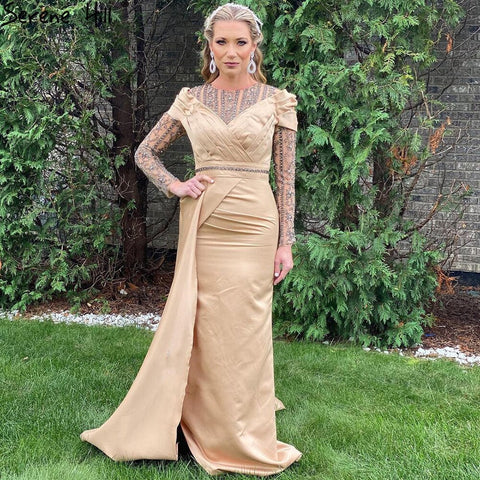 Muslim Gold Mermaid Overskirt Evening Dresses Gowns 2025 Satin Beaded Elegant For Women Party LA71453