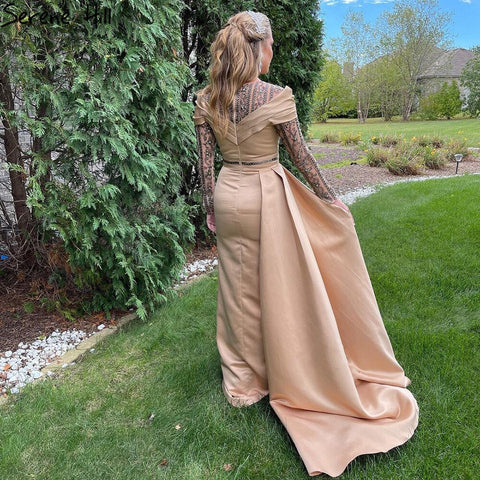 Muslim Gold Mermaid Overskirt Evening Dresses Gowns 2025 Satin Beaded Elegant For Women Party LA71453
