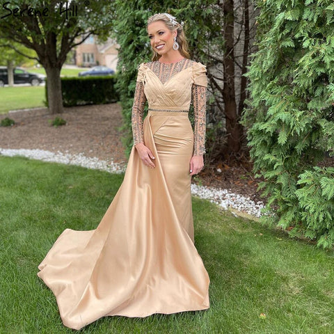 Muslim Gold Mermaid Overskirt Evening Dresses Gowns 2025 Satin Beaded Elegant For Women Party LA71453