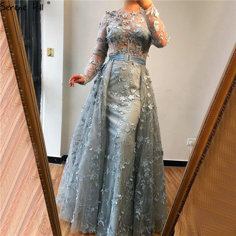 Robe de soirée musulmane grise à manches longues en tulle, col rond, fleurs faites à la main, perles, tendance, LA60898, 2025 