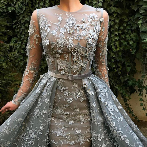 Robe de soirée musulmane grise à manches longues en tulle, col rond, fleurs faites à la main, perles, tendance, LA60898, 2025 