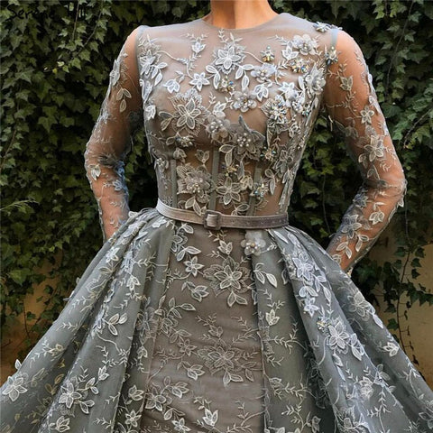 Robe de soirée musulmane grise à manches longues en tulle, col rond, fleurs faites à la main, perles, tendance, LA60898, 2025 
