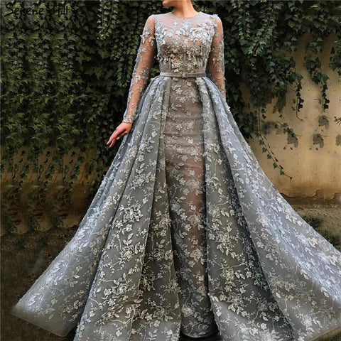 Robe de soirée musulmane grise à manches longues en tulle, col rond, fleurs faites à la main, perles, tendance, LA60898, 2025 