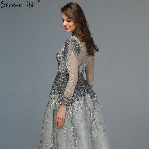 Muslim Grey Luxury Long Sleeves Evening Dresses 2025 Latest Design Crystal High Neck Formal Dress LA60975
