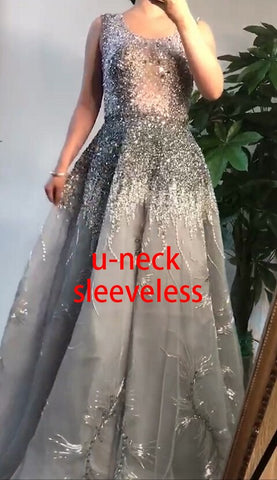 Muslim Grey Luxury Long Sleeves Evening Dresses 2025 Latest Design Crystal High Neck Formal Dress LA60975