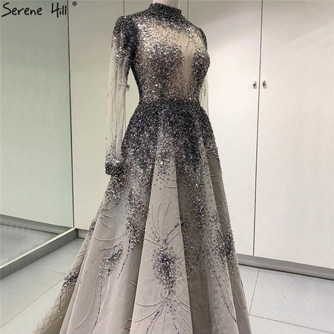 Muslim Grey Luxury Long Sleeves Evening Dresses 2025 Latest Design Crystal High Neck Formal Dress LA60975