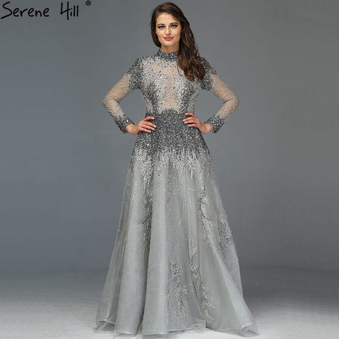 Muslim Grey Luxury Long Sleeves Evening Dresses 2025 Latest Design Crystal High Neck Formal Dress LA60975