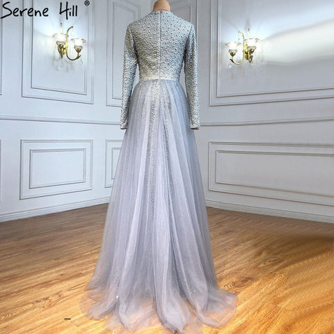 Muslim Grey Mermaid Long Sleeves Evening Dresses Knitting Diamond Luxury Evening Gowns Design 2025 LA70212