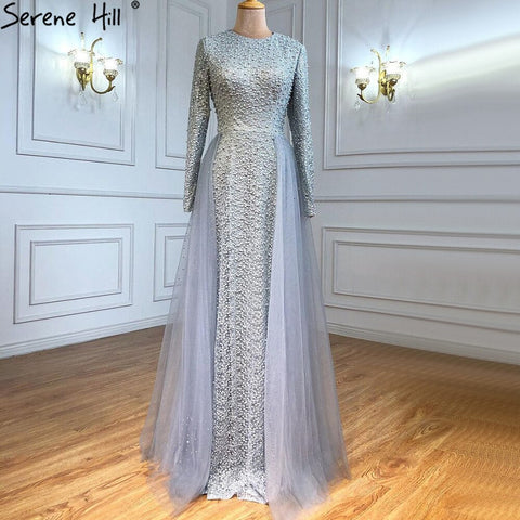Muslim Grey Mermaid Long Sleeves Evening Dresses Knitting Diamond Luxury Evening Gowns Design 2025 LA70212