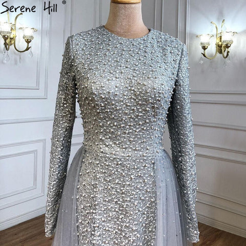 Muslim Grey Mermaid Long Sleeves Evening Dresses Knitting Diamond Luxury Evening Gowns Design 2025 LA70212