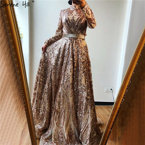 Muslim High Neck  Wine Red Sparkle Wedding dress 2025 Long Sleeve Sequined Luxury A-Line Evening Gowns LA70530